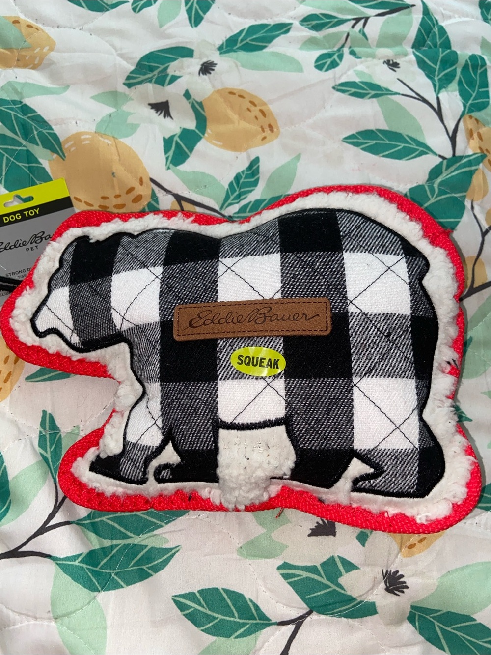 BUFFALO PLAID BEAR SHAPED NEW Squeaky Dog Toy 10x7 EDDIE BAUER
